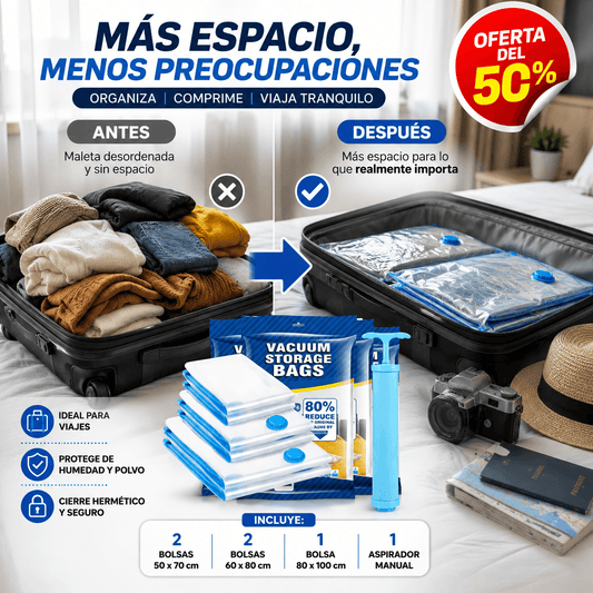 KIT VIAJERO; Bolsas Almacenamiento Al Vacío 5 bolsas + 1 bomba