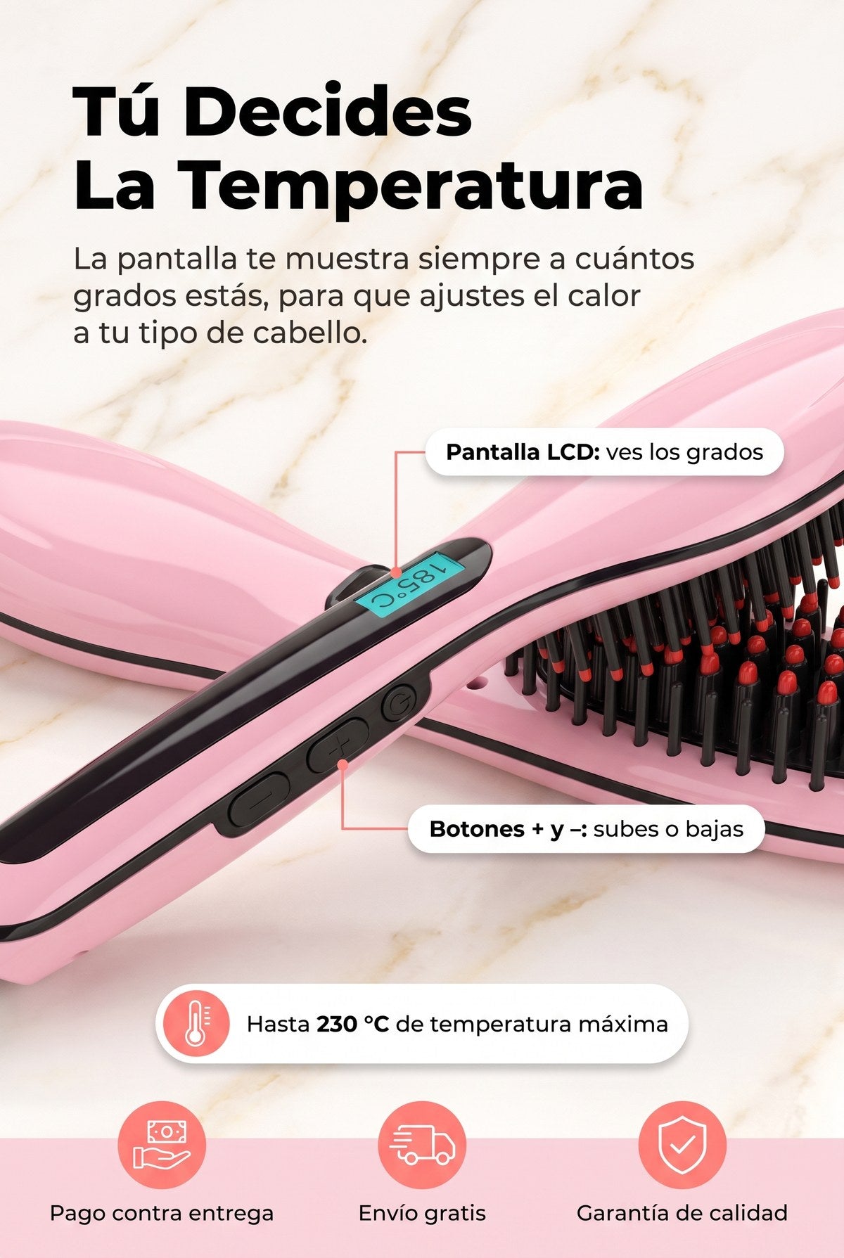 Pantalla LCD y botones para ajustar la temperatura